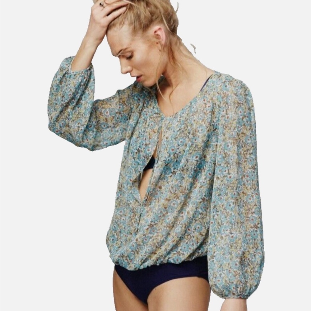 Intimately Free People Elsa Floral Blue Blouse/Bodysuit size S